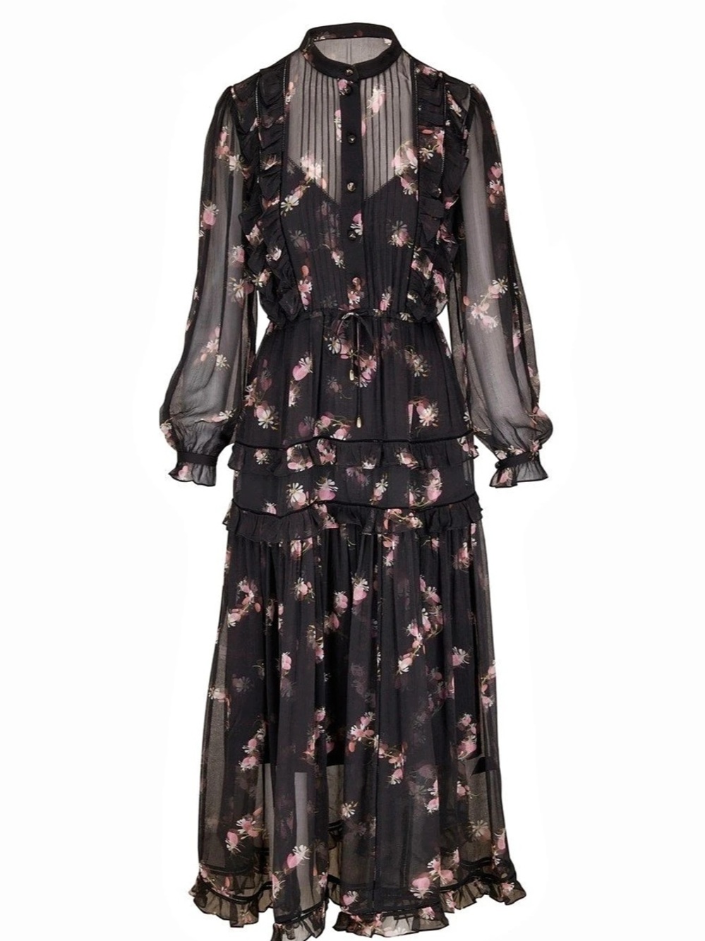 Zimmermann Black pink Floral Mock Neck Tiered Dress Maxi Dress